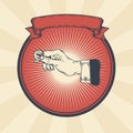 Vector vintage illustration of badge, sticker, sign with a male hand holding a coin Royalty Free Stock Photo