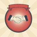 Vector vintage illustration of badge, sticker, sign with a male hands making a handshake