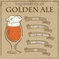 Vector vintage illustration of card with recipe of golden ale. Ingredients are written on ribbons