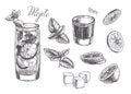 Vector vintage illustration for cocktail recipe. Hand drawn mojito in glass, peppermint leaves, slices of lime, rum and lump sugar