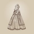 Vector vintage illustration. Gentlewoman Elizabethan epoch 16th century. Medieval lady in a rich dress with large collar Royalty Free Stock Photo