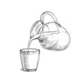 Vector vintage illustration with milk pouring from a jar in glass in engraving style. Hand drawn sketch with drink isolated on