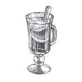 Vector vintage illustration of mulled wine in wineglass isolated on white. Winter holiday drink in sketch style