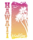 Vector vintage illustration on the theme of Hawaii. The ocean is calling. Stylized retro colorful typography, banner