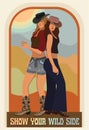 Vector vintage illustration with two young attractive girls in cowboy hats and boots. Retro cowgirls.