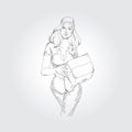 Vector vintage illustration with woman courier