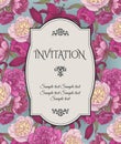 Vector vintage invitation card with bouquets of hand drawn purple and white peonies, crimson lilies on blue background