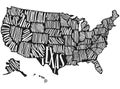 Vector vintage map of the United States of America. Illustration with lettering USA state names. US state contour on a black