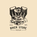 Vector vintage motorcycle repair logo with engine. Retro hand sketched garage label. Custom chopper store emblem.
