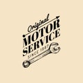 Vector vintage motorcycle repair logo. Retro garage label with hand sketched wrench. Custom chopper store emblem. Royalty Free Stock Photo