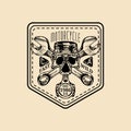 Vector vintage motorcycle repair logo. Retro garage label with hand sketched wrenches and skull. Biker club sign.