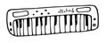 Vector vintage musical keyboard instrument synthesizer hand-drawn in doodle style with a black line on a white background for a