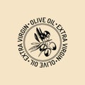 Vector vintage olive logo. Retro emblem with branch. Hand sketched natural extra virgin oil production sign. Royalty Free Stock Photo