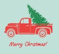 Vector vintage pickup truck delivery of christmas tree Royalty Free Stock Photo