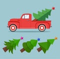 Vector vintage pickup truck delivery of christmas tree Royalty Free Stock Photo