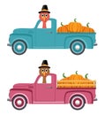 Vector Vintage Pickup Truck Delivery Of Pumpkins And Turkey For Thanksgiving Day
