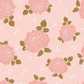 Vector vintage pink roses and golden leaves on pink background seamless repeat pattern