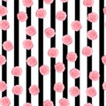 Vector vintage pink roses and leaves on black striped background seamless repeat pattern. Great for retro fabric, wallpaper, Royalty Free Stock Photo