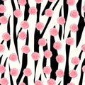 Vector vintage pink roses and leaves on black striped background seamless repeat pattern. Great for retro fabric, wallpaper, Royalty Free Stock Photo