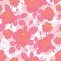 Vector vintage pink and yellow gold roses and leaves on white background seamless repeat pattern texture. Great for Royalty Free Stock Photo