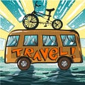 Vector vintage pop art illustration of travel bus and bike Royalty Free Stock Photo