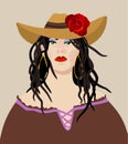 Vector vintage portrait of young attractive girl in cowboy hat with rose. Wild beauty. Retro cowgirl