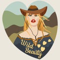Vector vintage portrait of young attractive girl in cowboy hat. Wild beauty. Retro cowgirl.