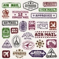 Vector vintage postage mail stamps retro delivery badge plane, train transport stickers collection grunge stamps print