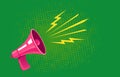 Vector vintage poster with retro pink megaphone on green background. Retro megaphone green halftone background Royalty Free Stock Photo