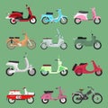 Vector vintage retro bike scooters old fashioned style motorbike. Retro motor reca and street travel transport. Design Royalty Free Stock Photo