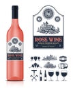 Vector vintage rose wine label and wine bottle mockup
