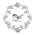 Vector vintage round frame with birds and apple flowers. Floral wreath. Black and white. Fit for wedding card Royalty Free Stock Photo