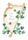 Vintage Saint Patrick`s Day greeting card with harp and shamrocks.