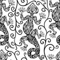 Vector vintage seamless ethnic pattern image lizards and lines, to be applied to any surface, can be used for a textile, coloring