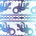 Vector vintage seamless ethnic pattern image lizards and lines Royalty Free Stock Photo