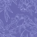 Vector vintage seamless pattern with big elegant peony buds on blue-violet background. Large monochrome outline flowers.