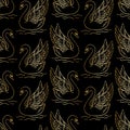 Vector vintage seamless pattern with gold glitter outline swan silhouettes on black background