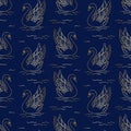 Vector vintage seamless pattern with gold glitter outline swan silhouettes on blue lake background