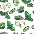 Vector vintage seamless pattern with ingredients for cocktail. Hand drawn color texture with peppermint leaves, green slices of