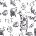 Vector vintage seamless pattern with mojito components in engraving style. Hand drawn texture with cocktail in glass, leaves of Royalty Free Stock Photo