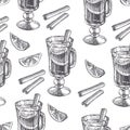 Vector vintage seamless pattern with mulled wine and spices in engraving style. Hand drawn texture with drink, cinnamon, cardamom