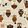 seamless pattern or wallpaper on the theme of ancient Greece. Manuscript with sketches antique amphoras and jugs Royalty Free Stock Photo