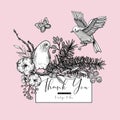 Vector vintage set of floral spring greeting card, with birds, fir branches, cotton, flowers and butterflies Royalty Free Stock Photo