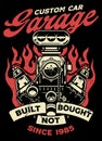 Vintage shirt design of custome car garage with big muscle car engine