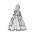 Vector vintage sketch illustration. Gentlewoman Elizabethan epoch 16th century. Medieval lady in a rich dress with large