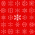 Vector vintage snowflake set in zentangle style. 25 original snow flakes isolated on red background, for Christmas, New Year