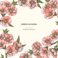 Vector vintage spring background with pink almond blossom isolated on white. Hand drawn color botanical texture with apple tree Royalty Free Stock Photo