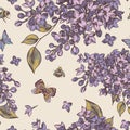 Vector vintage spring seamless pattern with blooming flowers of lilac