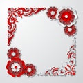 Vector vintage square frame with 3d paper cut flowers in red and white colors