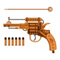 Vector vintage steampunk style pistol with cartridges. Illustration of a set of weapons